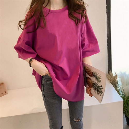 10 color top women's medium and long summer large short sleeve T-shirt round neck female student Korean loose bottomed shirt fashion