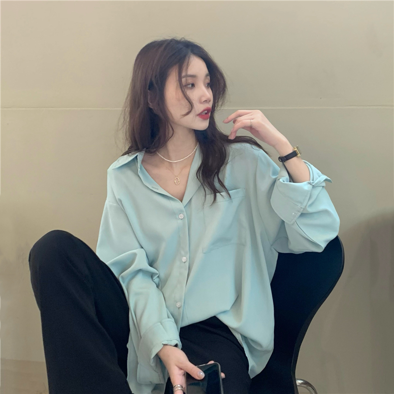 Real shot real price fashionable lazy solid color BF version basic easy to wear loose and versatile long sleeve shirt sunscreen shirt