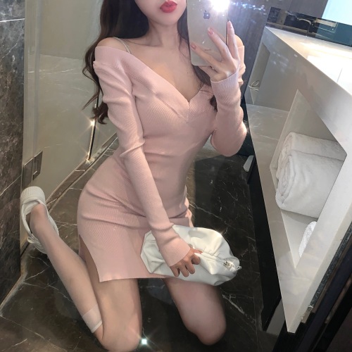 Real shooting sexy suspender knitted dress spring women's dress slim fit Hip Wrap careful machine bottomed skirt