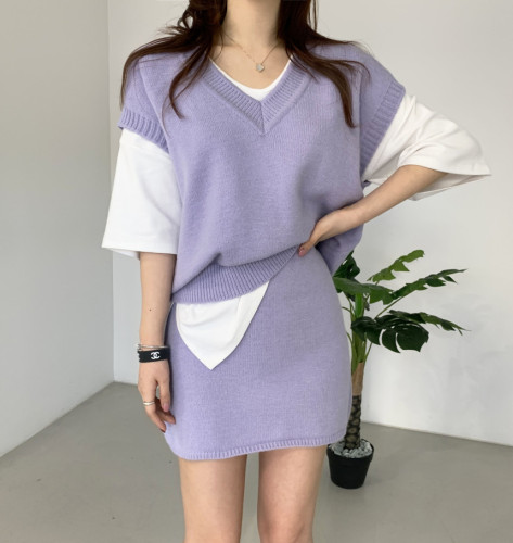 Age reducing and leisure collar loose knitted vest short skirt suit two piece set