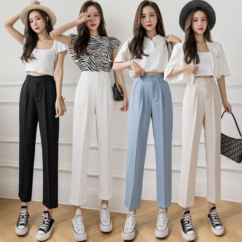 Real photo: suit pants women's 2021 new straight tube loose high waist slim quarter casual pipe pants