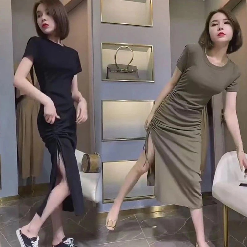 Summer stretch slim pleated lace up side split mid length dress women's short sleeve drawstring skirt