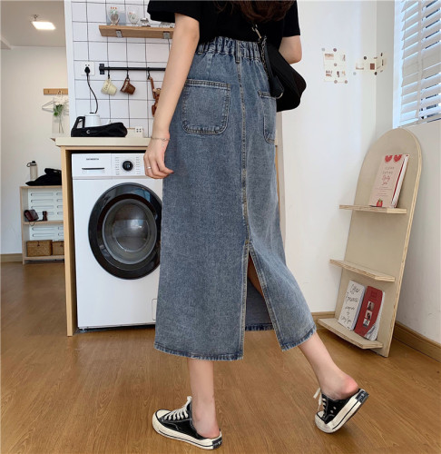 Real photo real price summer all kinds of elastic waist slit show thin medium long denim skirt