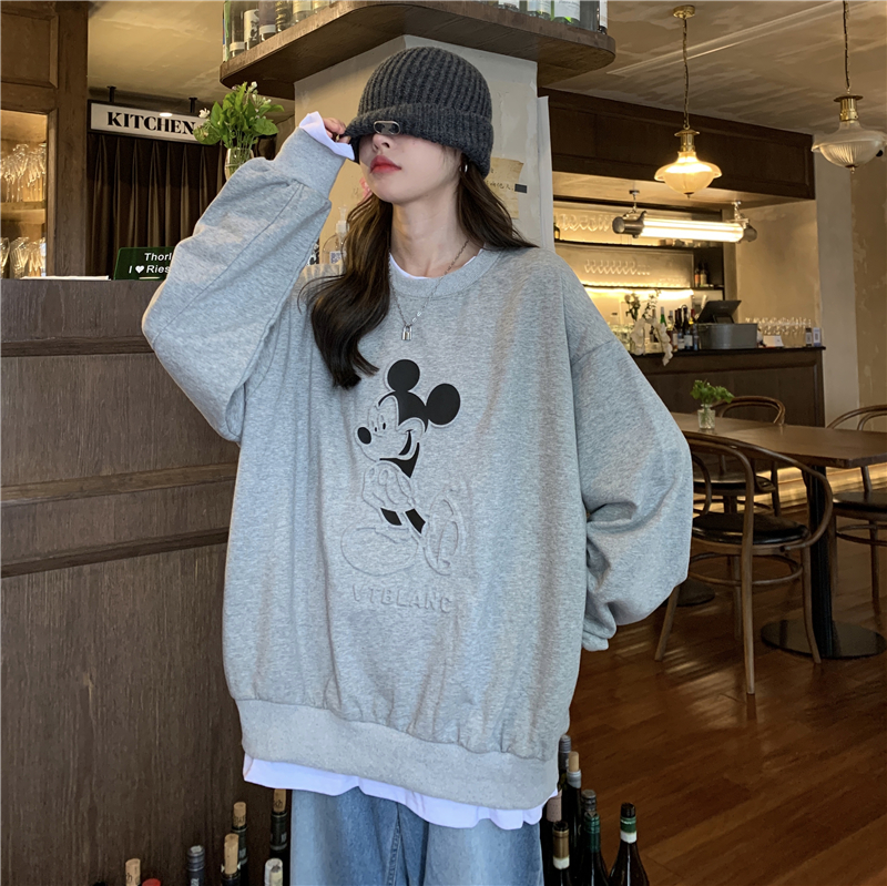 Concave convex Mickey cartoon thin fake two round neck sweater