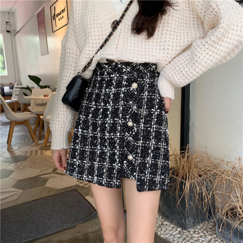 Real price tweed short skirt A-shaped buttock skirt women's autumn and winter small fragrance grid skirt
