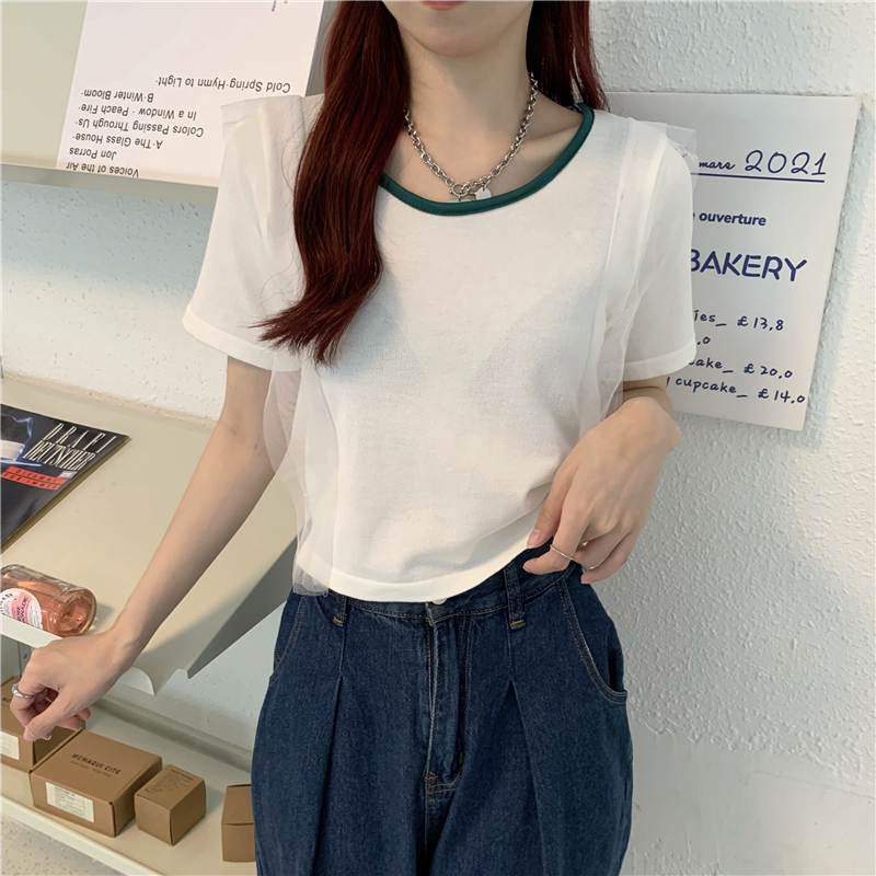 Real shot real price summer new color contrast design feeling lace stitching thin knitwear short sleeve top