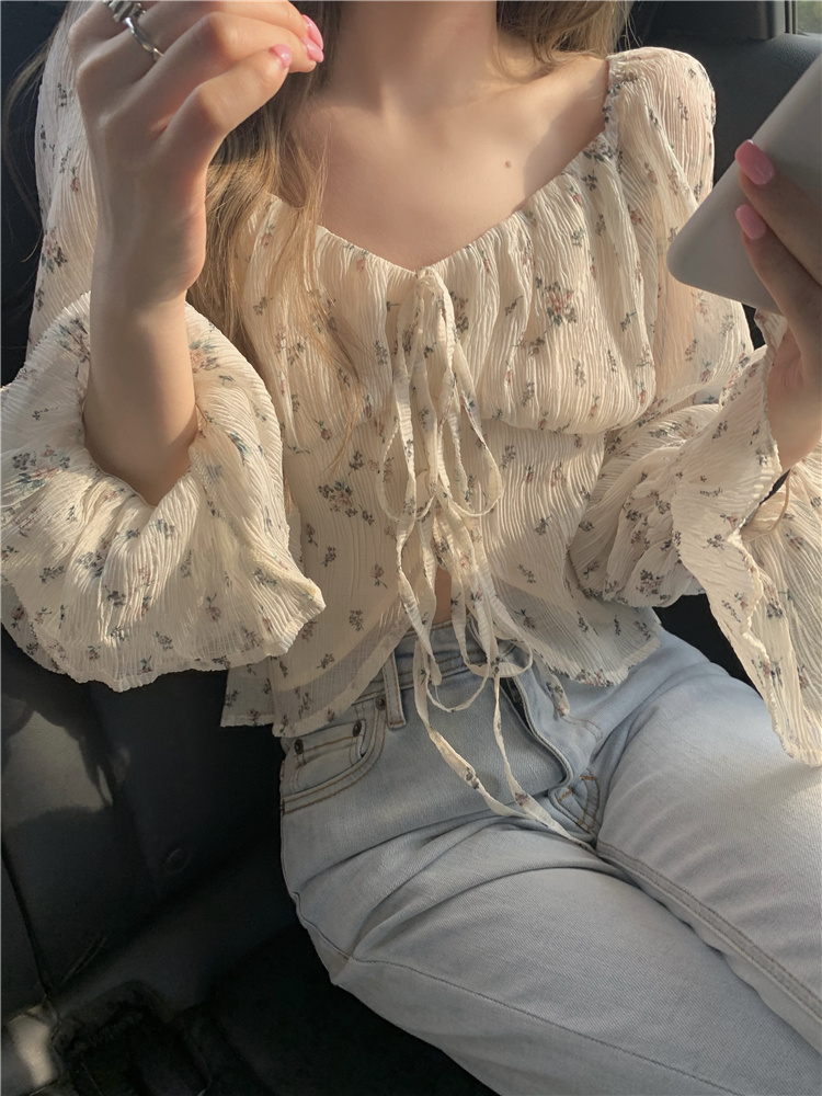 Long sleeve thin shirt chiffon shirt French romantic floral sunscreen top