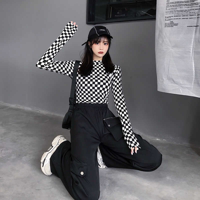 Slim fit elastic creative chessboard small check printed T-shirt versatile thin bottomed shirt women