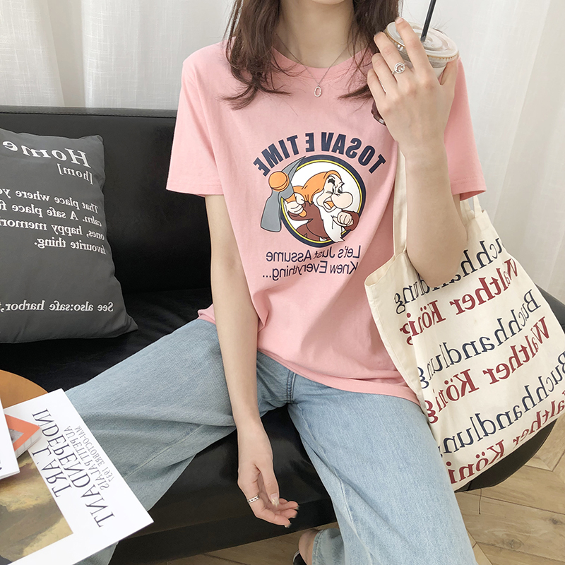 Summer dwarf print short sleeve T-shirt for women
