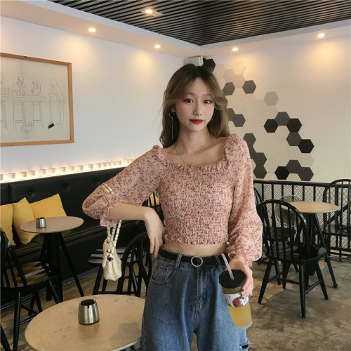 2020 Korean chic sexy retro small fresh Floral Chiffon shirt square neck short top fashion