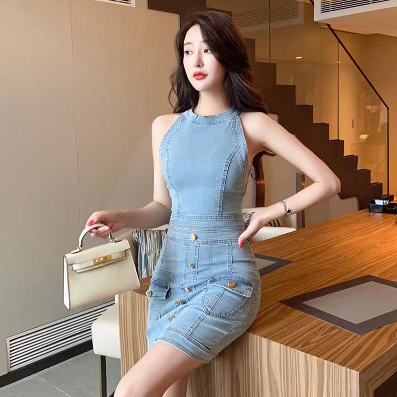 French sexy zipper Denim Short top with western style single breasted buttock skirt two piece suit