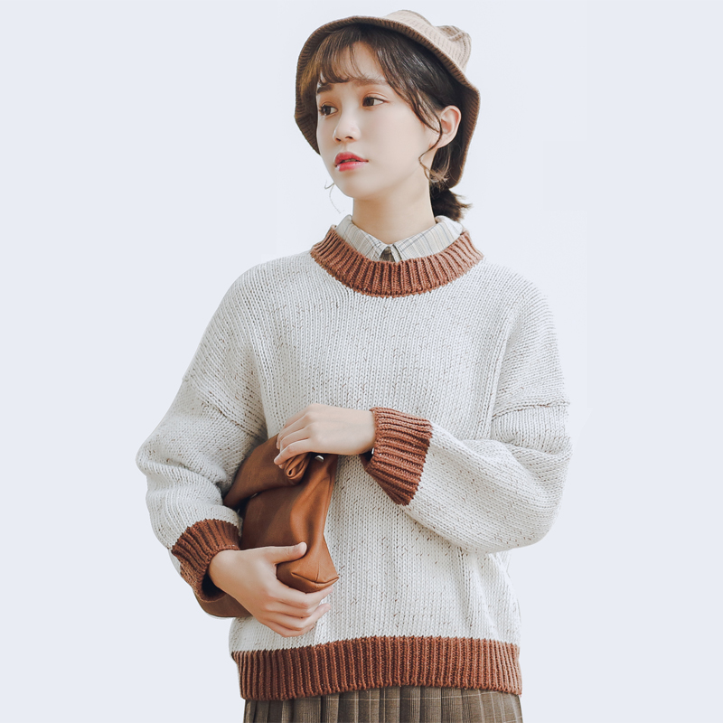 Korean loose retro fresh mixed wool contrast color wearing Pullover crew neck sweater women's new autumn sweater