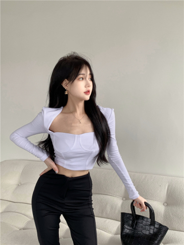 Real shooting square neck slim fit T-shirt women's early autumn new sexy collarbone white long sleeve short top
