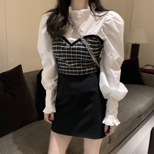 Real price standing collar bubble sleeve shirt fake two pieces + versatile A-line skirt