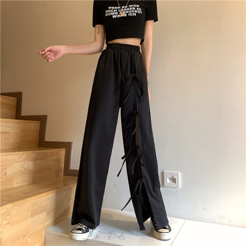 Real picture large size split High Waist Wide Leg Pants women's net red pants super hot heart design sense of draping