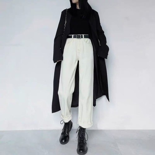 Beige jeans women's straight tube loose high waist thin versatile autumn and winter 2021 new wide leg dad pants