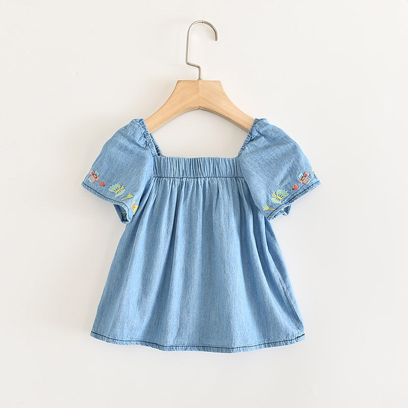 Summer new baby's clothes children's imitation jeans embroidery girls' Raglan cotton short sleeve top white shirt