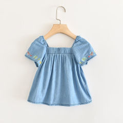 Summer new baby's clothes children's imitation jeans embroidery girls' Raglan cotton short sleeve top white shirt