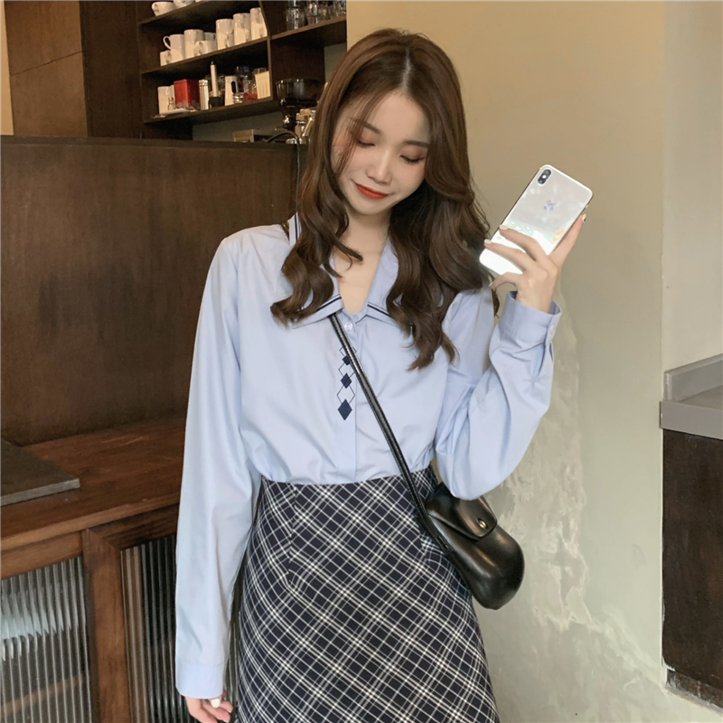 Real price! Small pointed collar versatile embroidered shirt + Vintage A-line Plaid High Waist Hip Wrap Skirt