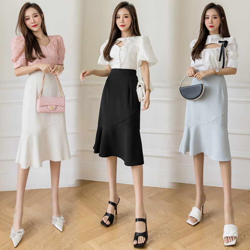 Real shooting medium and long skirt women's new autumn 2021 A-line splicing fishtail skirt, versatile elastic high waist medium and long skirt