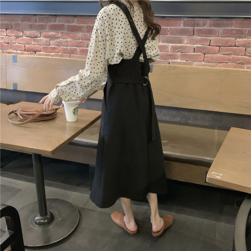 Real price! Back cross black strap skirt wave dot Round Neck Lace Long Sleeve Shirt two-piece set