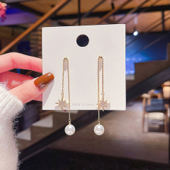 Real shot silver needle Korean new six Star Earrings women's long pearl earrings earrings