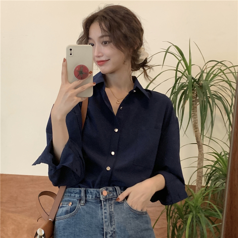 Real shooting real price autumn Korean version loose long sleeve temperament bottomed shirt retro metal button French shirt