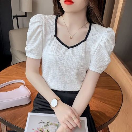 Official picture bubble sleeve T-shirt women's summer Korean Short Sleeve square collar collar collar collar collarbone slim fit solid color T-shirt