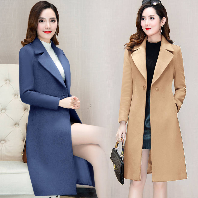 Dragon and Phoenix cloth overcoat women's middle school long knee over knee autumn and winter Korean waistband suit collar wool coat trend