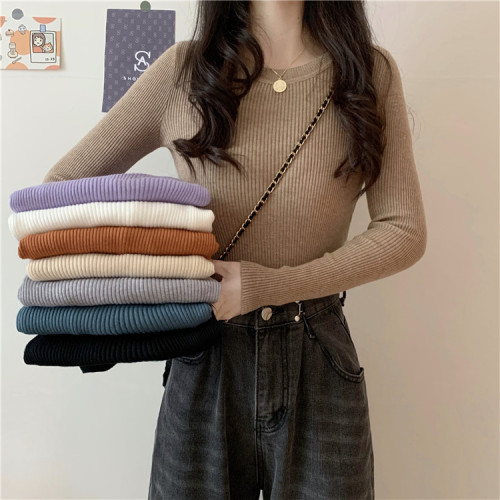 Real price real shot ~ New Korean version of slim and slim pit stripe crew neck versatile knitted bottoming shirt