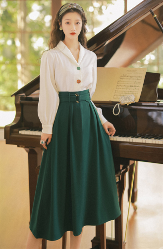 White shirt + dark green skirt dress with belt