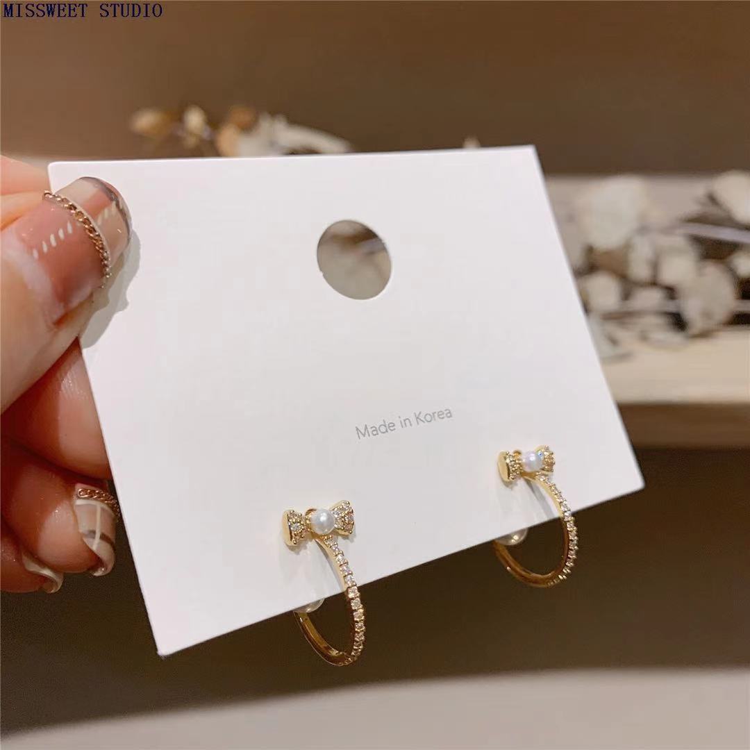French bow S925 silver needle full diamond retro small circle pearl girl heart ear ring gas small earrings