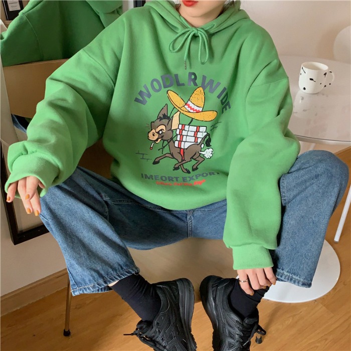 Actual shooting of autumn new BF lazy wind hooded cartoon letter printing 250g Plush thickened women's sweater