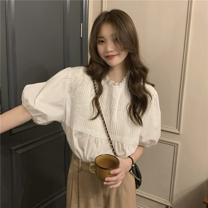Real price! Summer white bubble sleeve shirt French soft round neck short sleeve top