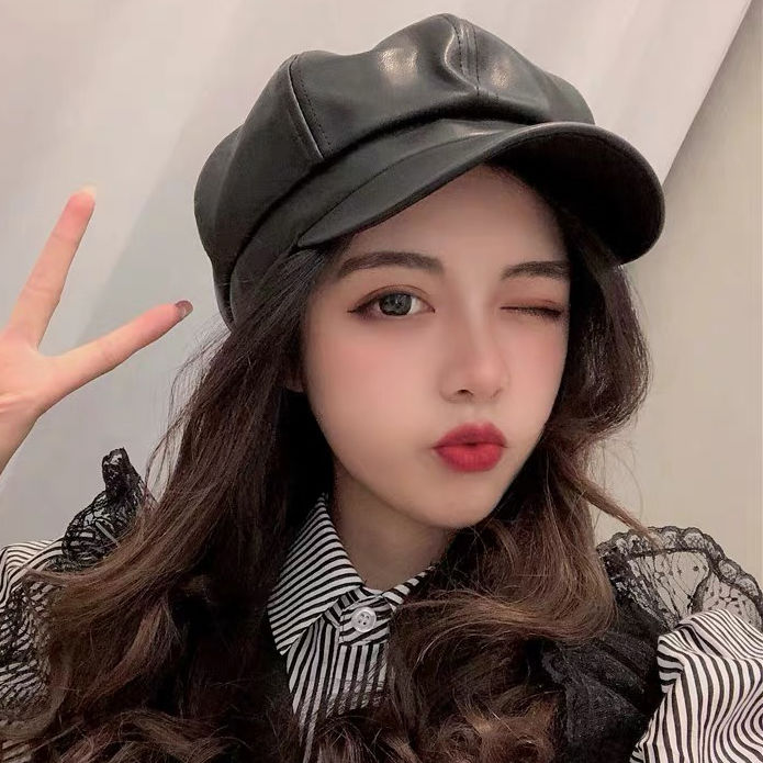 Spring and autumn winter British Pu duck tongue Beret Hong Kong Style Korean version versatile octagonal hat retro painter bud hat woman