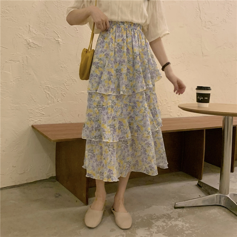 Real price! Autumn cake skirt fairy floral long skirt high waist thin skirt Chiffon Skirt