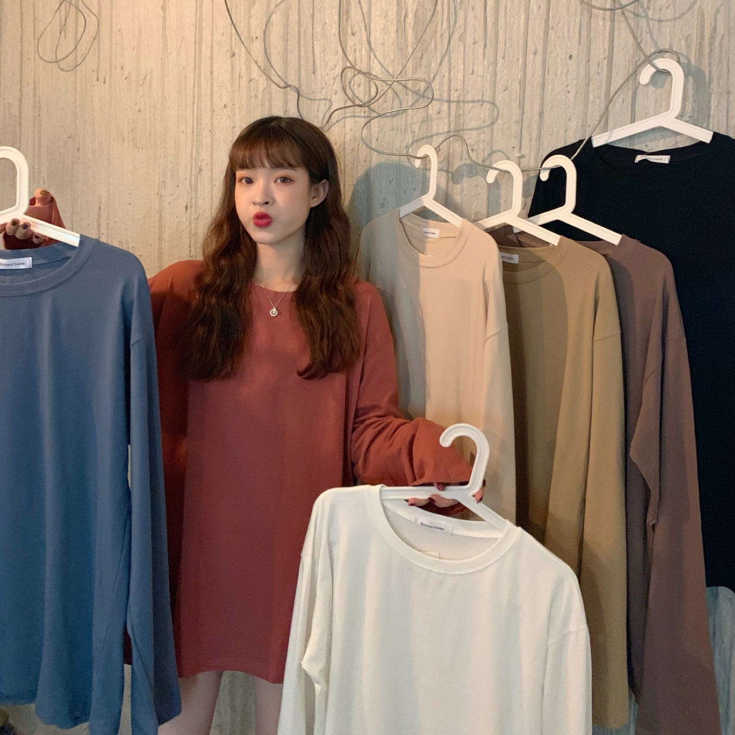 Real price real shooting winter versatile loose Pullover long sleeve T-shirt women's round neck solid color top women
