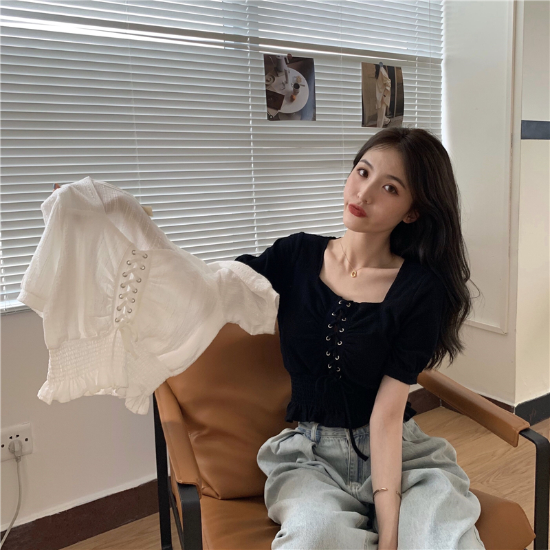 Real shot real price short square collar top women's bubble sleeve high waist collarbone drawstring short sleeve shirt