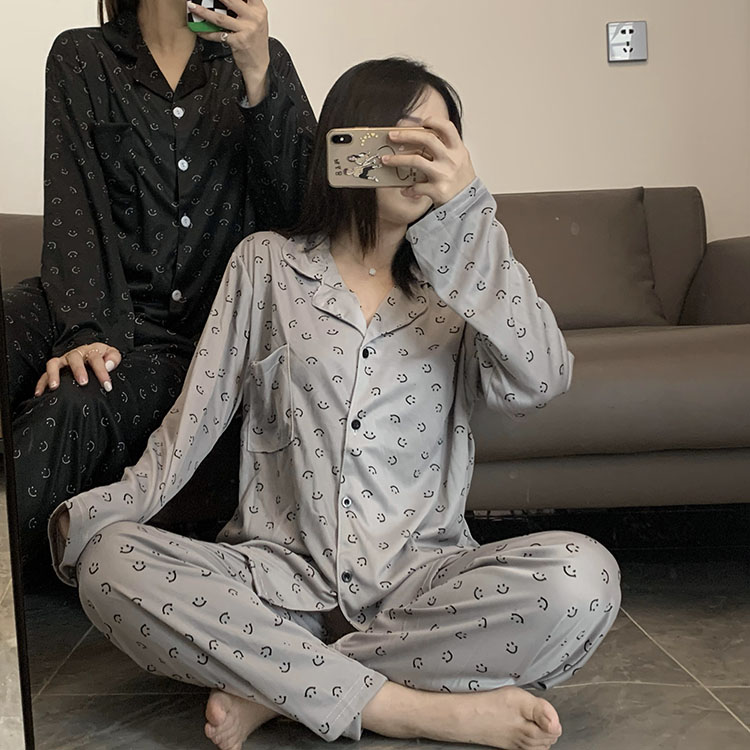 Real price autumn and winter cute smiling face pattern home clothes pajama set long sleeve two-piece set