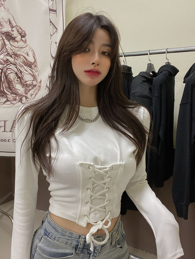 Real price! High waist short top women slim cross strap design long sleeve T-shirt 1216