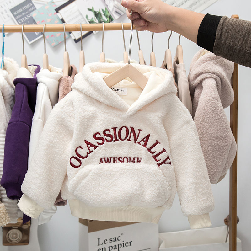 Girls' sweater children autumn winter baby 2020 Plush thickened sweater hooded children's embroidered letters warm top