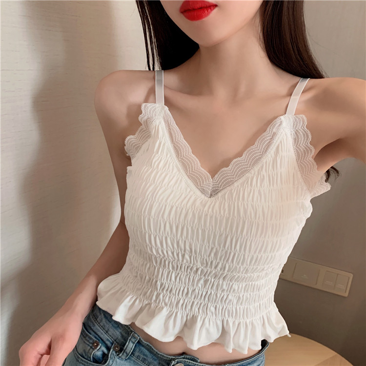 French style fungus Lace Chiffon open back short V-neck sling slim and foreign style versatile bottom vest female