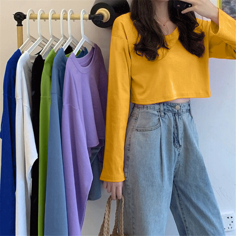 Korean loose round neck solid color high waist short long sleeve T-shirt women's top fashion