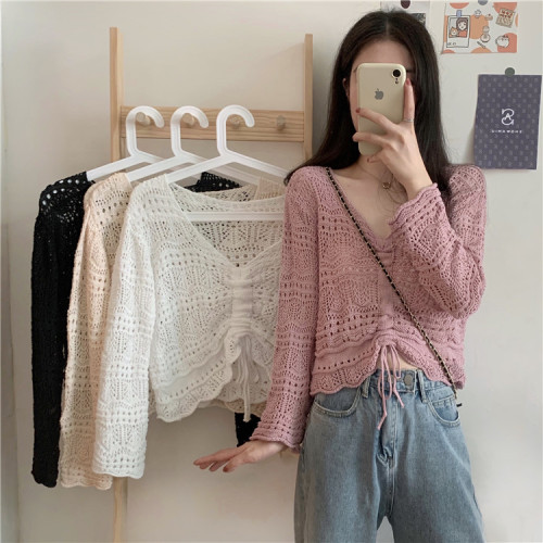 Real price real shot ~ Korean version hollow out design V-neck loose and thin drawstring sun proof Knitted Top