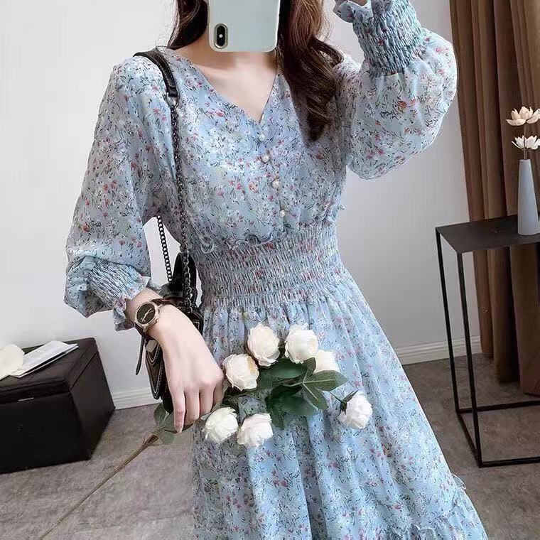 2021 new spring and autumn wear long sleeve waist closing display high waist Korean V-neck skirt Floral Chiffon dress long