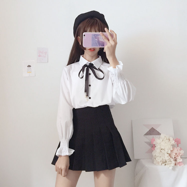 New Japanese Long Sleeve White Shirt female student Korean loose college bow Shirt Top
