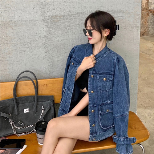Real price! Korean chic Hong Kong Style denim shirt women's design Lapel versatile cardigan jacket