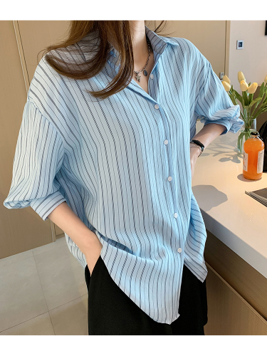 Japanese striped chiffon shirt women's  summer new loose outer button commuter long sleeve