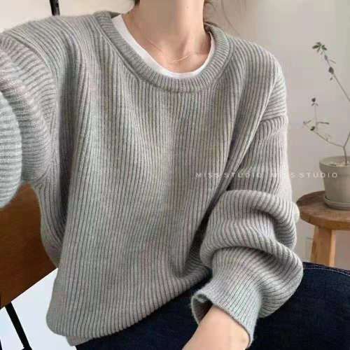 Lazy style Korean Pullover women's autumn 2021 new loose thin chic solid color sweater sweater