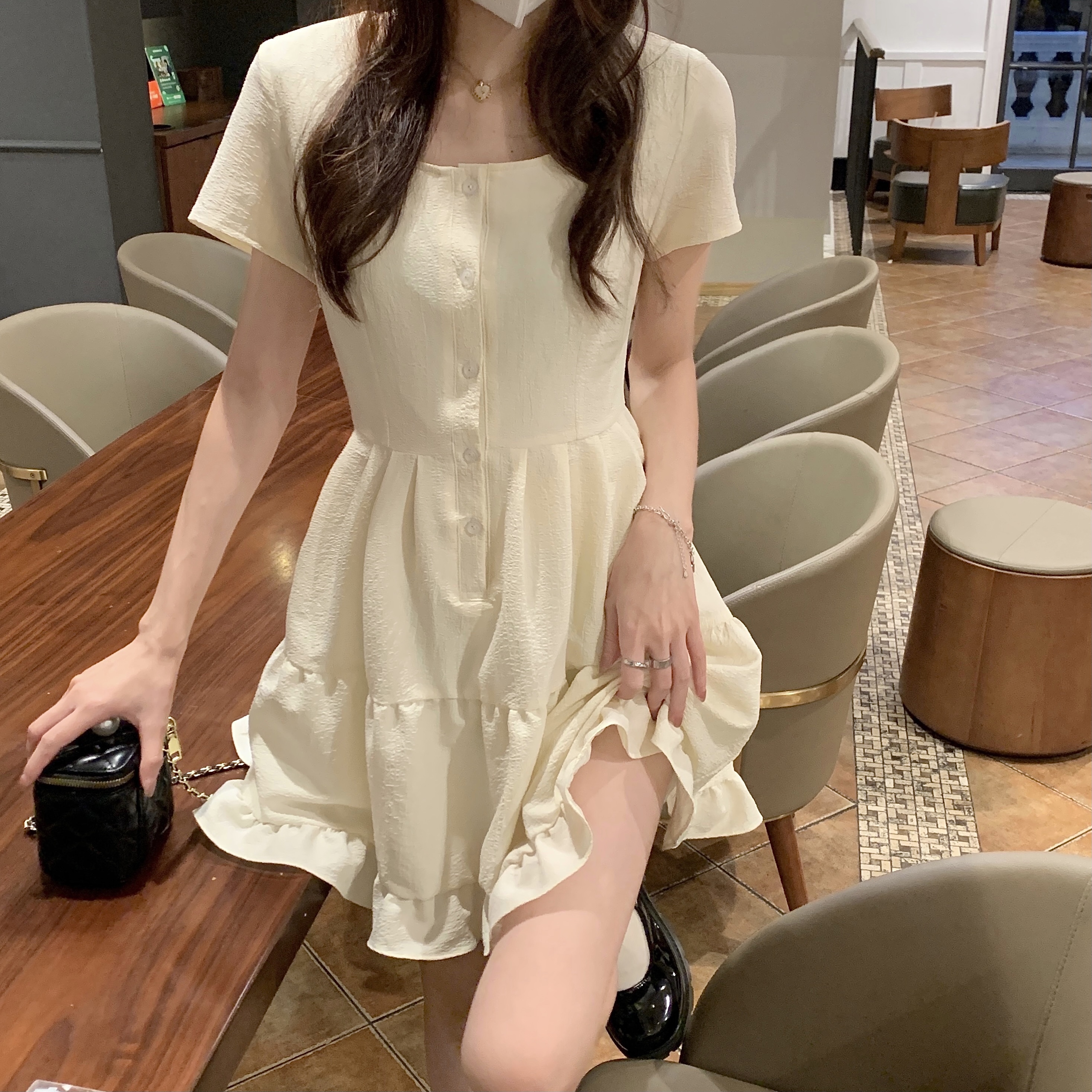 Real shot real price round neck Pullover breasted slim A-line skirt closed waist Medium Long Ruffle Dress women
